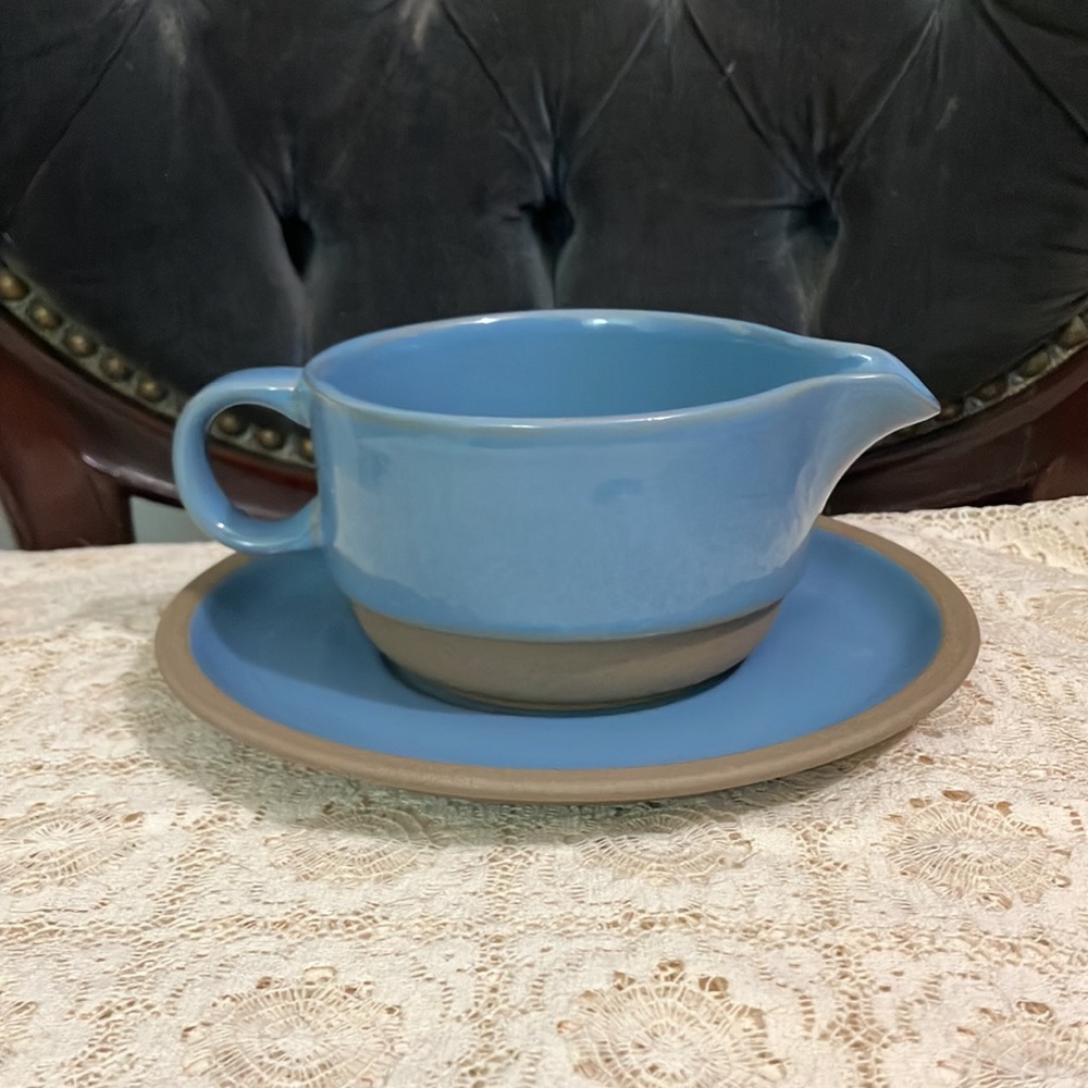 Vintage Midwinter Bluestone Gravy Boat & Under Plate Stoneware Japan